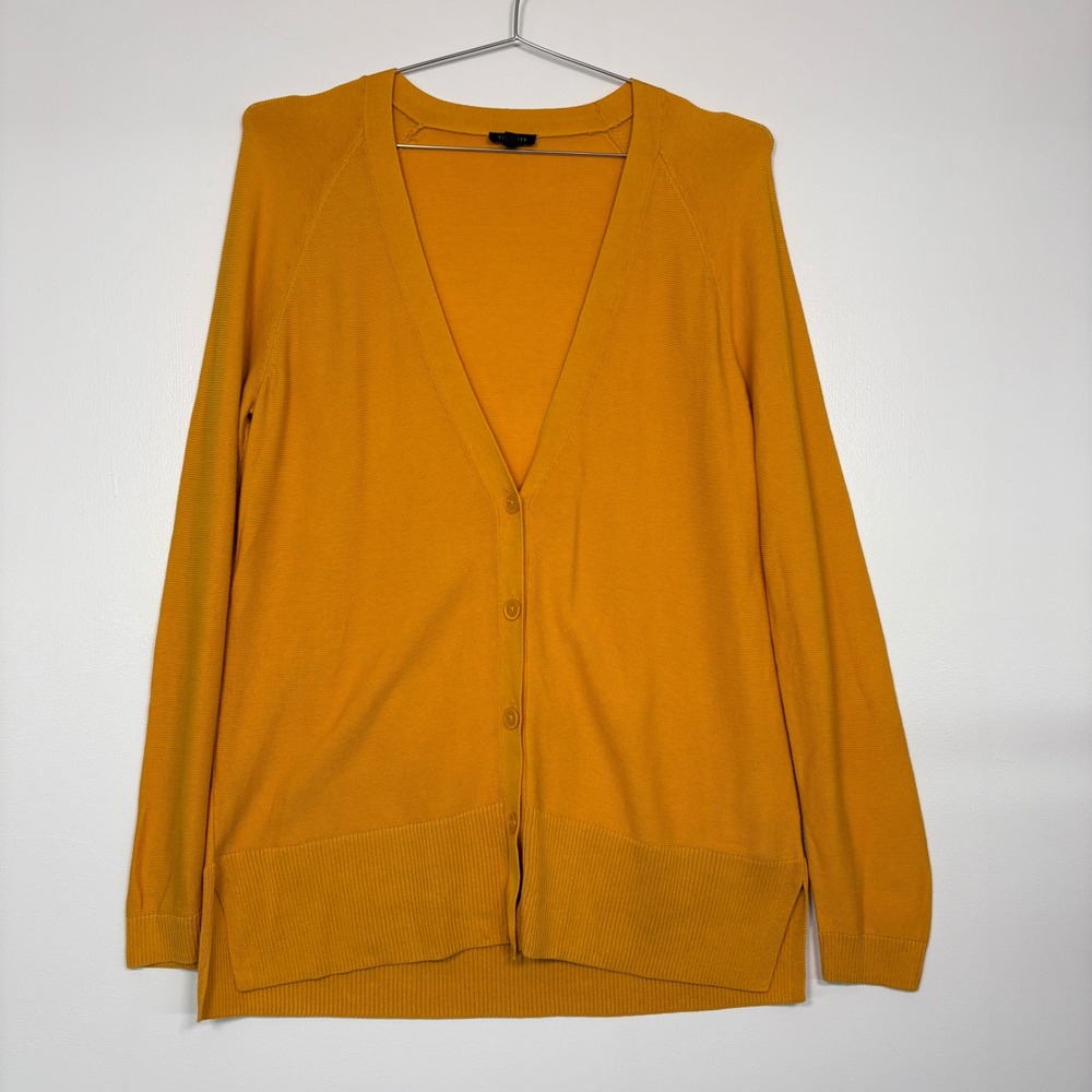 Talbots Women Cardigan Size M Yellow Cotton Rayon V-Neck Button Front Slit Hem